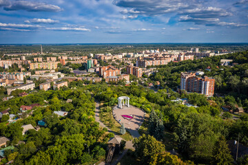 aerial view to White rotunda in Poltava city with cityscape