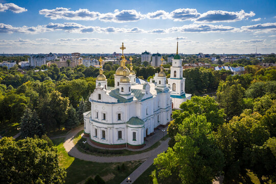Aerial view to The Assumption Cathedral and his bell tower in Poltava