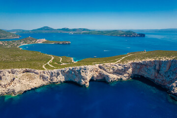 Aerial panoramic view of Capo Caccia next to Neptune Grotto in Alghero district in Sardinia.