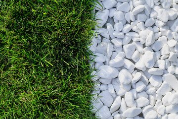 Green grass and white pebble stones background. Copy space. 