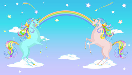 Two unicorns stand on their hind legs on the clouds against a background of rainbows and stars. Design for cards, greetings, invitations, etc.