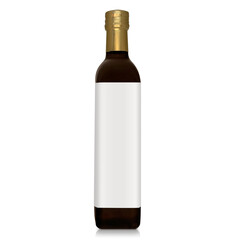 Glass dark bottle with label isolated on white background with shadow and reflection
