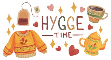 Hand drawing watercolor autumn winter hygge set. Yellow colors. Lettering, sweater, cup, teapot, tea bag, hearts and stars. Warm fillings. Use for poster, print, card, postcard, design, template