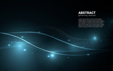 Blue glowing waves, abstract neon lines on a dark background. Abstract bright waves with glowing sparks and dots.
