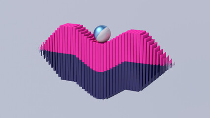 Ball rolling on pink and blue blocks. Abstract illustration, 3d render.