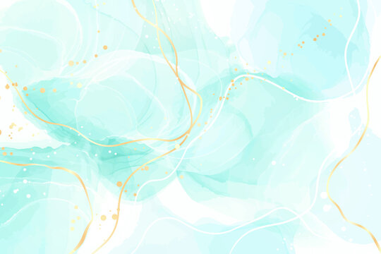 Pastel cyan mint liquid marble watercolor background with gold lines and brush stains. Teal turquoise marbled alcohol ink drawing effect. Vector illustration backdrop, watercolour wedding invitation