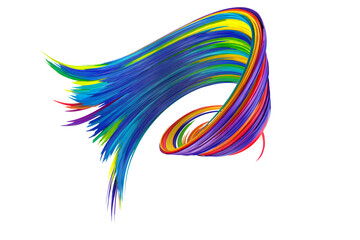 Multicolored abstract twisted brush stroke. Bright curl, artistic spiral. 3D rendering image