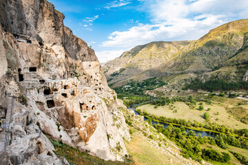 Scenic view of Vardzia caves complex in Georgia historic heritage