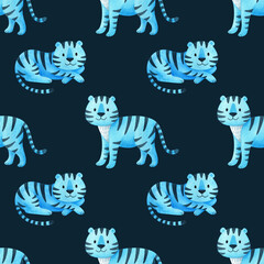 A blue tiger on a dark blue background. Seamless pattern with the symbol of the new year 2022. watercolor ornament of animals. Cute Maltese tiger cub. Holiday print