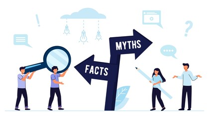 Myths and facts Information accuracy in flat tiny persons concept Businessman and directional sign of facts versus myths Verify rumors scene Fake news versus trust and honest data source