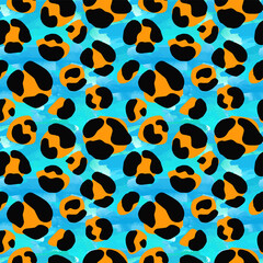 Seamless abstract wild exotic animal print.Leopard, zebra,gepard, tiger striped pattern. Hand drawn trendy repeating watercolor blotted background texture.
