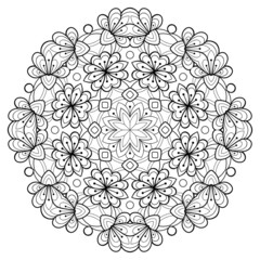 Decorative round mandala with floral and henna patterns on a white isolated background. For coloring book pages.