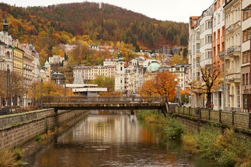 Fototapeta na wymiar Historic spa town Karlovy Vary, famous for geothermal hot springs used for treatment, autumn season