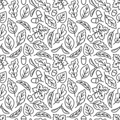 Seamless pattern with autumn doodles. Contour image of fallen leaves of maple, oak, linden, rowan, willow and acorns. Background with black drawings for seasonal natural decor. Vector fall ornament