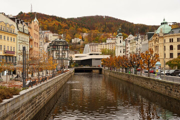 Historic spa town Karlovy Vary, famous for geothermal hot springs used for treatment and Vridlo...