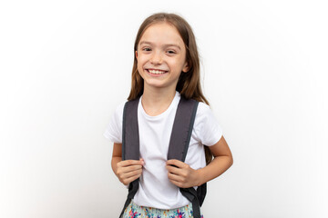 Back To School. Child girl with backpack on white isolated background.
education. concept, banner, poster.