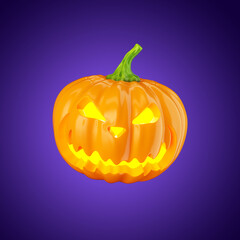 3d render, pumpkin with scary face carved. Jack o'lantern character. Halloween clip art isolated on violet background