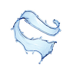 3d render, pure blue water splash, wavy jet, clip art isolated on white background. Twisted liquid shape, splashing wave