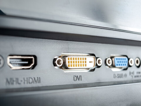 Connectors, interfaces for connecting the display to a computer, laptop, hdmi, dvi, vga, selective focus, close-up