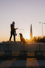 woman walking her dog at sunset, beautiful sunset against the background of modern buildings and buildings in the city, sunset on the shore of the sea or lake, beautiful silhouettes of people at
