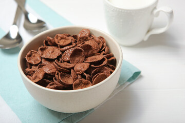 chocolate cornflakes for breakfast on the table close-up