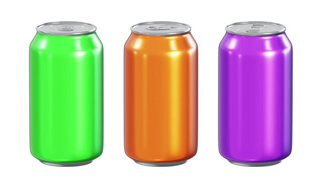 Realistic seamless looping 3D animation of the spinning metallic green, orange and purple blank alcohol or soft drink tin cans rendered in UHD with alpha matte