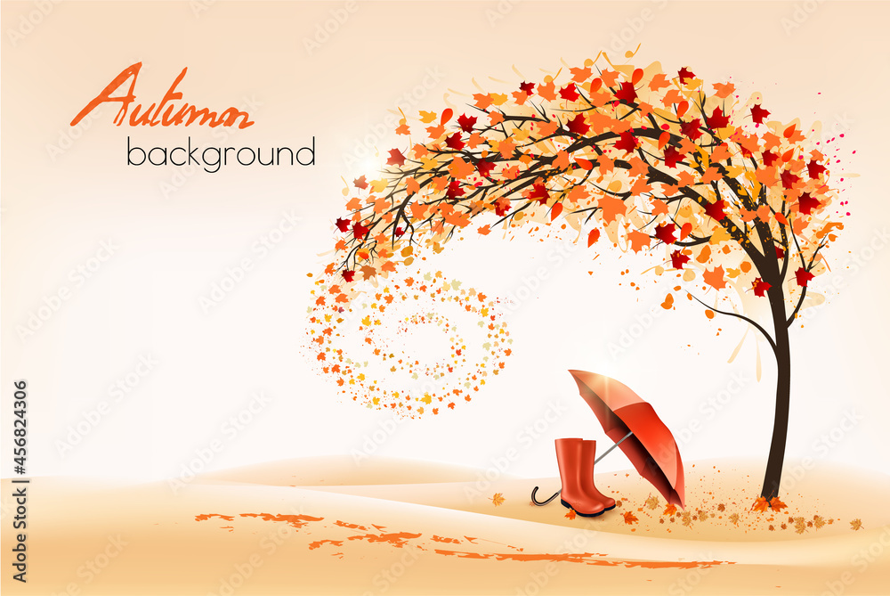Poster Hello a gold autumn. Autumn landscape with colorful leaves on the tree and umbrella with rain boots in a park on a background. Vector