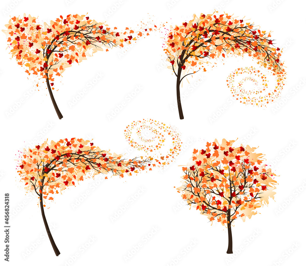 Poster hello a gold autumn. set of autumn inspired trees with colorful leaves. vector illustration.