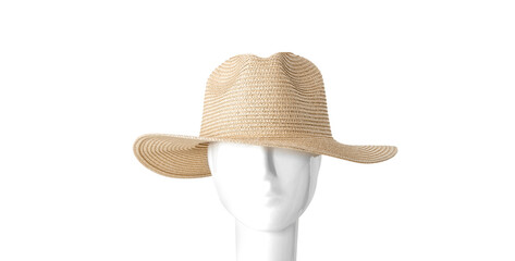 Chap&Atilde;&copy;u de palha visto de frente vestido em manequim branco, isolado