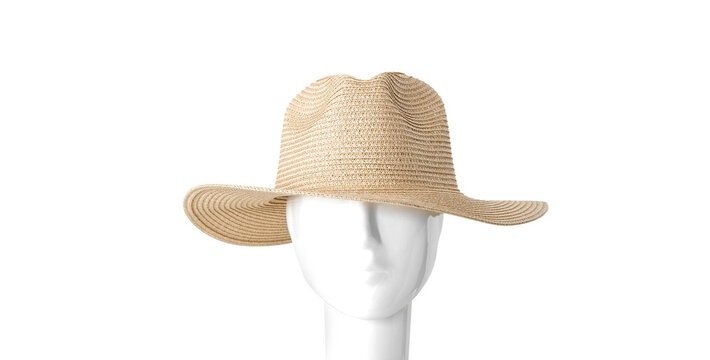 Chap&Atilde;&copy;u de palha visto de frente vestido em manequim branco, isolado