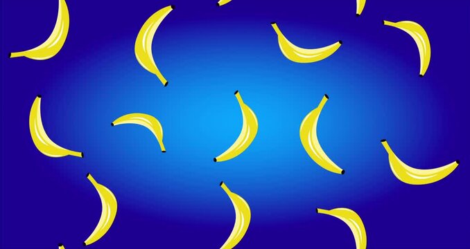Yellow cartoon spinning bananas on blue background seamless loop hd animation.