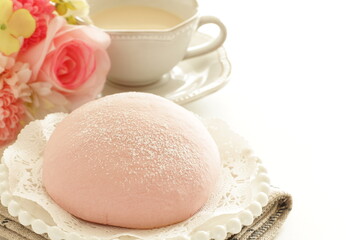 pink sweet bun and milk tea for spring time breakfast