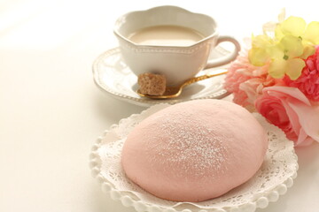 pink sweet bun and milk tea for spring time breakfast