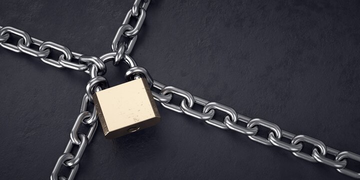 Chained and locked by a padlock. Closeup.