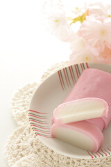 Japanese food, pink and white fish cake on dish for food ingredient image