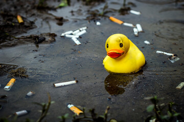 Weathered rubber duck in cigarette butt filled puddle