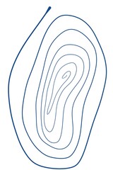 minimalist blue line distorted spiral, isolated shape hand drawing digital illustration on abstract white background