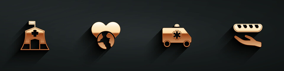 Set Emergency medical tent, The heart world - love, car and Donation food icon with long shadow. Vector © Vadim