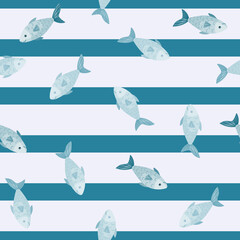 Seamless pattern fish on light stripes background. Modern ornament with sea animals.