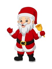 Cartoon happy santa claus ringing a bell