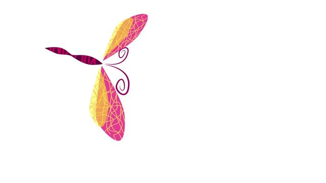 Animated cartoon dragonfly flying in various directions on white background. Summer video.