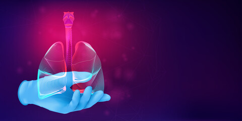 Human lungs on a doctor's hand in a realistic rubber glove. 3D anatomical medical concept with the silhouette of a human organ on abstract background. Vector illustration in neon line art style