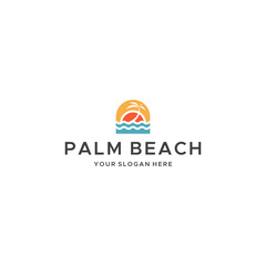 Modern PALM BEACH waves tree sunset logo design 