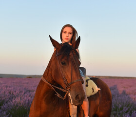 Fototapeta premium a blonde model riding a horse in a lavender field