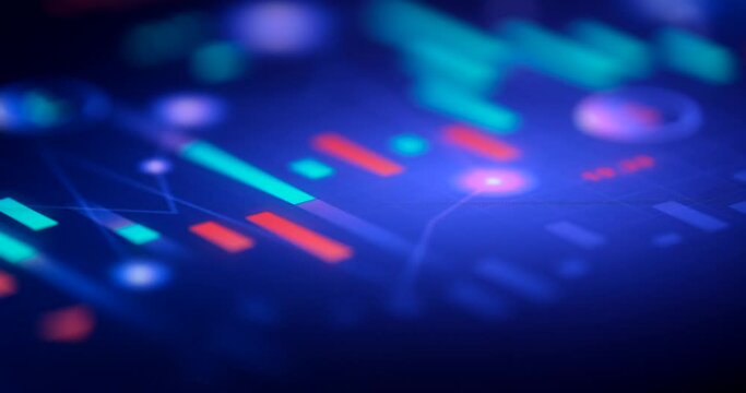 Camera swiping from candle graph Stock market screen to cryptocurrency BTC logo. Business chart background in 4k resolution. Led digital display effect on exchange board. Streaming Trade Screen. 