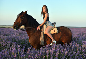 a blonde model riding a horse in a lavender field - obrazy, fototapety, plakaty