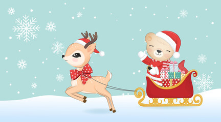 Cute Santa Bear and deer with Sleigh , Christmas concept watercolor illustration