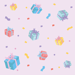 Cute gift boxes on pink background and colorful ribbon.