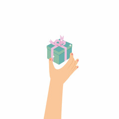 hand holding a gift box with cute color, surprise gift concept.