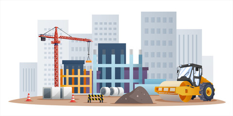 Construction site concept with compactor and material equipment illustration - obrazy, fototapety, plakaty